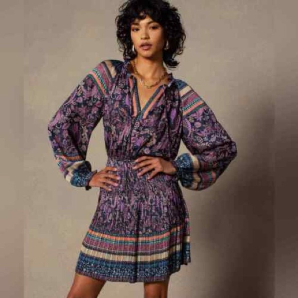 Anthropologie Current Air Pleated Mini Long Sleeve Dress XS NWT boho